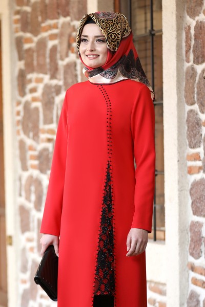 Sahra Tesettür Takım - Kırmızı - Fuval Moda